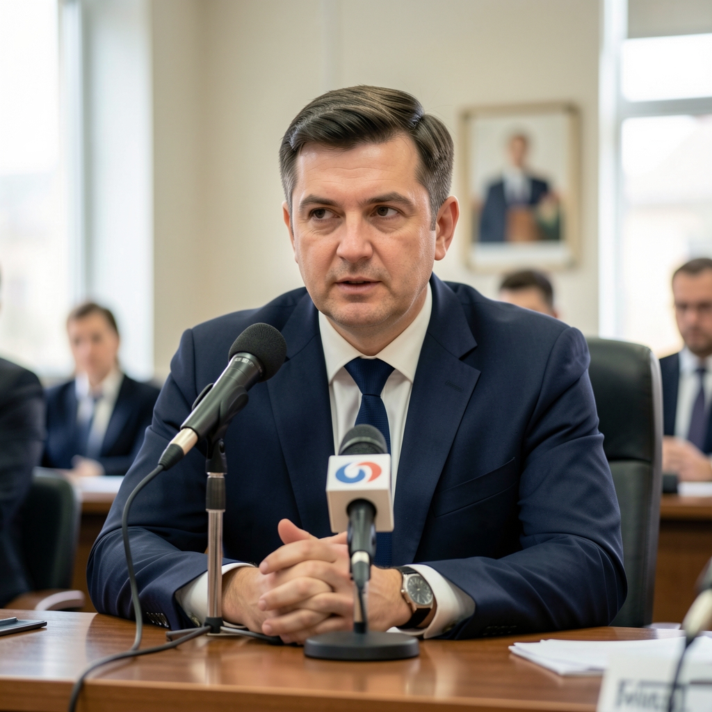 Новинар са микрофоном на прес конференцији — симбол слободе медија и новинарских права